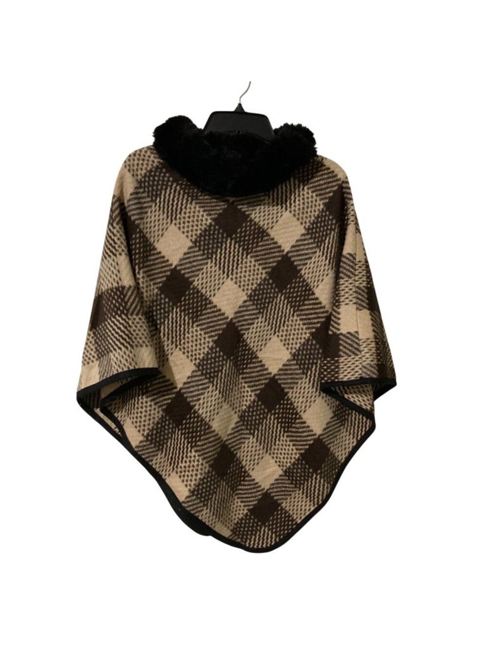 Plaid Poncho Cape With Faux Fur Collar Brown & Beige Checkered Pattern